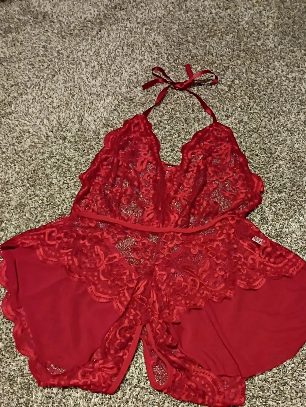 Halter Lace Trim Red Women's Teddy Romper With Open Crotch- New